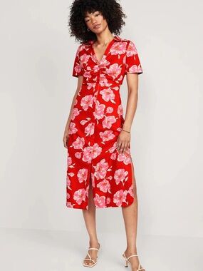 Old Navy Cutout Midi Red and Pink Floral Print Shirt Dress w/Pockets Size Medium